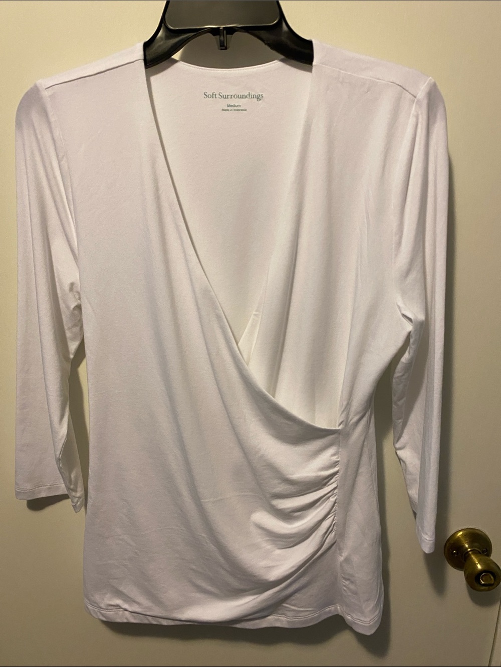 Soft Surroundings White Draped Surplice Long Sleeve Top with Side Ruching